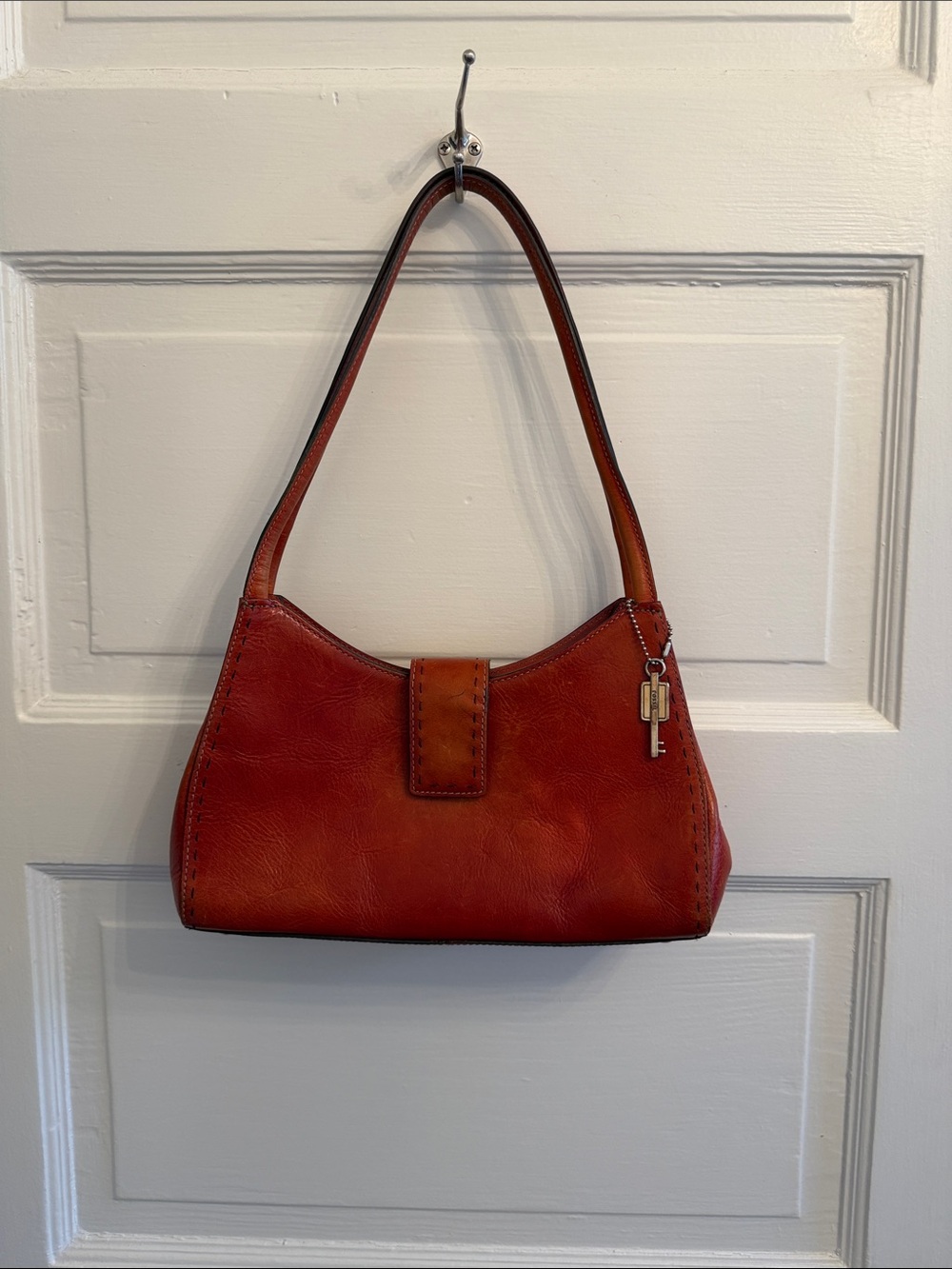 Fossil Red Leather Shoulder Bag with Key Charm